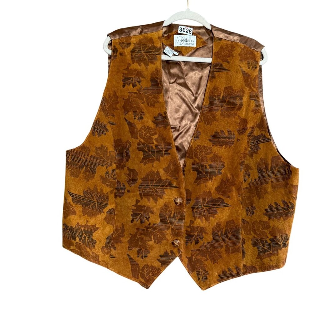 Cedars 100% Leather Leaf Print Button Front Vest Women's Size 22 Brown Lined